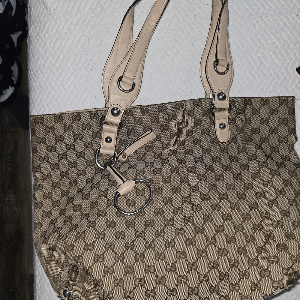 Gucci Beige Monogram Canvas Tote with Light Tan Leather Trim